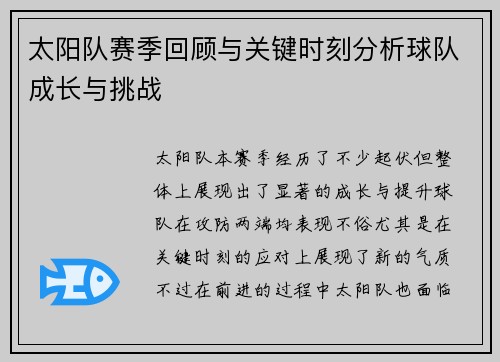 太阳队赛季回顾与关键时刻分析球队成长与挑战