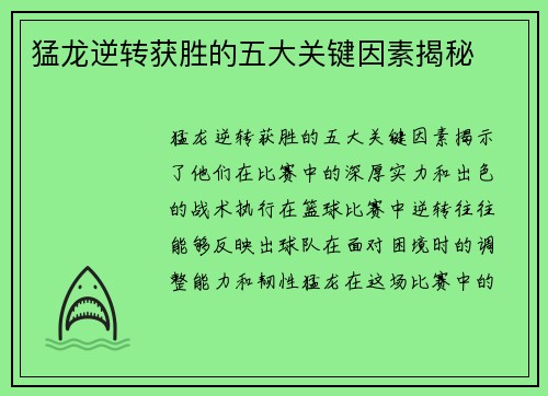 猛龙逆转获胜的五大关键因素揭秘
